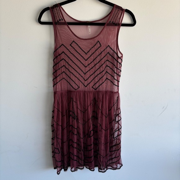 Free People Dresses & Skirts - Free People Beaded Mesh Mini Dress Burgundy Wine Black Chevron Sleeveless XS